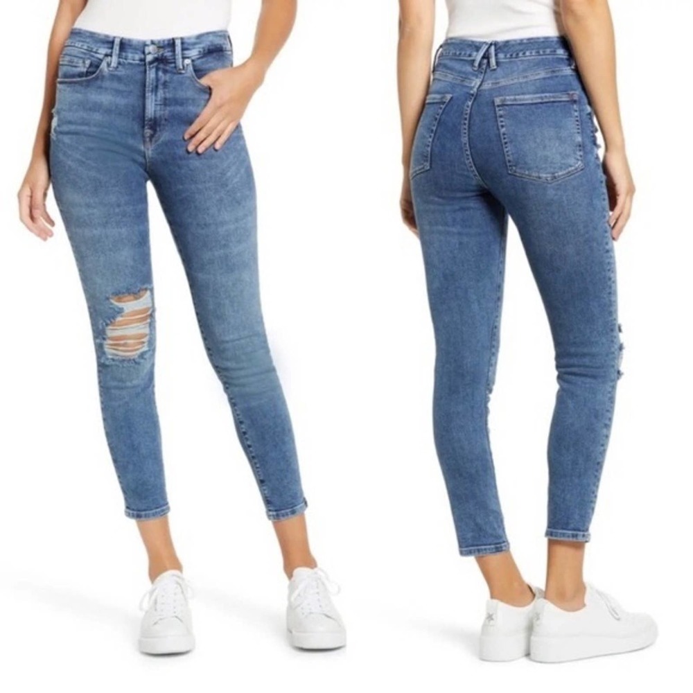 Good American Good Legs Crop Blue704 Distressed High Rise Light Wash Ankle 25